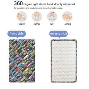 Cars Themed Fitted Crib Sheet,Standard Crib Mattress Fitted Sheet Soft Toddler Mattress Sheet Fitted-Crib Mattress Sheet or Toddler Bed Sheet, 28“ x52“,Multicolor