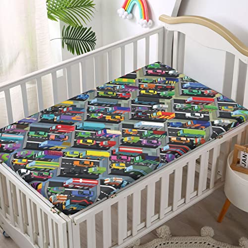 Cars Themed Fitted Crib Sheet,Standard Crib Mattress Fitted Sheet Soft Toddler Mattress Sheet Fitted-Crib Mattress Sheet or Toddler Bed Sheet, 28“ x52“,Multicolor