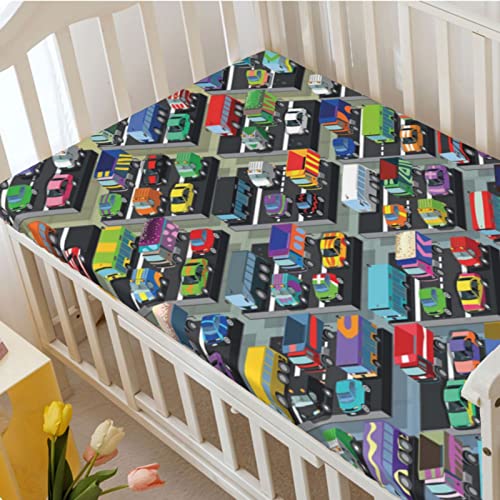 Cars Themed Fitted Crib Sheet,Standard Crib Mattress Fitted Sheet Soft Toddler Mattress Sheet Fitted-Crib Mattress Sheet or Toddler Bed Sheet, 28“ x52“,Multicolor