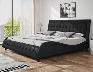 sha cerlin king size box-tufted platform bed frame/faux leather upholstered bed frame with adjustable headboard/wood slat support/wave-like modern bed/low profile/black