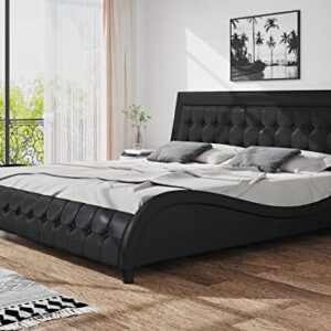 SHA CERLIN King Size Box-Tufted Platform Bed Frame/Faux Leather Upholstered Bed Frame with Adjustable Headboard/Wood Slat Support/Wave-Like Modern Bed/Low Profile/Black