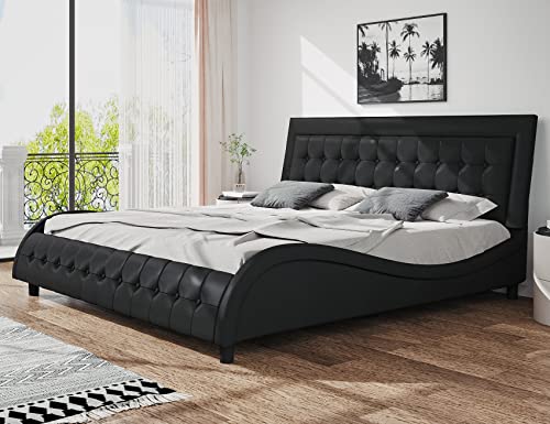 SHA CERLIN King Size Box-Tufted Platform Bed Frame/Faux Leather Upholstered Bed Frame with Adjustable Headboard/Wood Slat Support/Wave-Like Modern Bed/Low Profile/Black