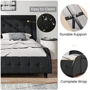 SHA CERLIN King Size Box-Tufted Platform Bed Frame/Faux Leather Upholstered Bed Frame with Adjustable Headboard/Wood Slat Support/Wave-Like Modern Bed/Low Profile/Black