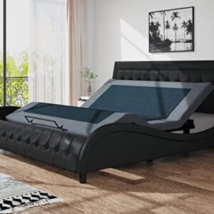 SHA CERLIN King Size Box-Tufted Platform Bed Frame/Faux Leather Upholstered Bed Frame with Adjustable Headboard/Wood Slat Support/Wave-Like Modern Bed/Low Profile/Black