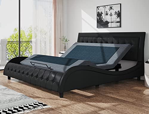 SHA CERLIN King Size Box-Tufted Platform Bed Frame/Faux Leather Upholstered Bed Frame with Adjustable Headboard/Wood Slat Support/Wave-Like Modern Bed/Low Profile/Black