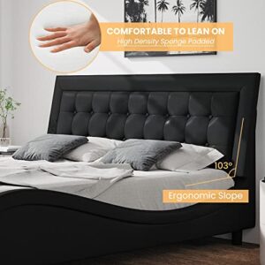 SHA CERLIN King Size Box-Tufted Platform Bed Frame/Faux Leather Upholstered Bed Frame with Adjustable Headboard/Wood Slat Support/Wave-Like Modern Bed/Low Profile/Black