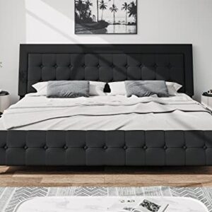 SHA CERLIN King Size Box-Tufted Platform Bed Frame/Faux Leather Upholstered Bed Frame with Adjustable Headboard/Wood Slat Support/Wave-Like Modern Bed/Low Profile/Black