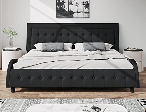 SHA CERLIN King Size Box-Tufted Platform Bed Frame/Faux Leather Upholstered Bed Frame with Adjustable Headboard/Wood Slat Support/Wave-Like Modern Bed/Low Profile/Black