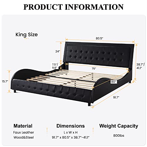 SHA CERLIN King Size Box-Tufted Platform Bed Frame/Faux Leather Upholstered Bed Frame with Adjustable Headboard/Wood Slat Support/Wave-Like Modern Bed/Low Profile/Black