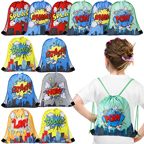 12 Pcs Hero Party Favors Bags Comic Heroes Drawstring Bag Backpacks Goodie Candy Gift Bags Boom Hero Theme Birthday Decoration Supplies Kids Boy Classroom Rewards Prize Treat Bag (Hero, 10 x 12 Inch)