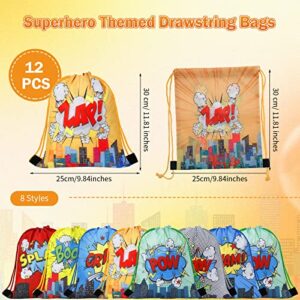 12 Pcs Hero Party Favors Bags Comic Heroes Drawstring Bag Backpacks Goodie Candy Gift Bags Boom Hero Theme Birthday Decoration Supplies Kids Boy Classroom Rewards Prize Treat Bag (Hero, 10 x 12 Inch)