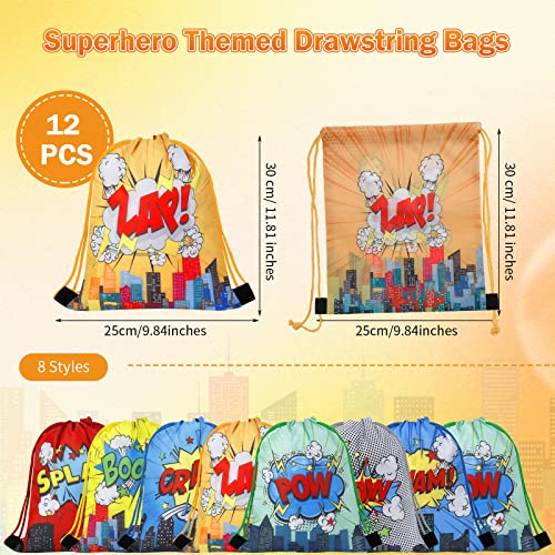 12 Pcs Hero Party Favors Bags Comic Heroes Drawstring Bag Backpacks Goodie Candy Gift Bags Boom Hero Theme Birthday Decoration Supplies Kids Boy Classroom Rewards Prize Treat Bag (Hero, 10 x 12 Inch)