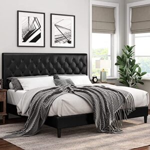 keyluv upholstered platform bed frame with button tufted headboard, faux leather, wooden slats support, no box spring needed, easy assembly, full size, black