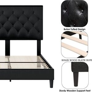 Keyluv Upholstered Platform Bed Frame with Button Tufted Headboard, Faux Leather, Wooden Slats Support, No Box Spring Needed, Easy Assembly, Full Size, Black