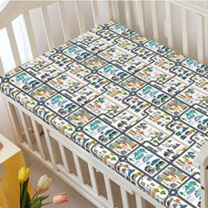 Car Race Track Themed Fitted Crib Sheet,Standard Crib Mattress Fitted Sheet Soft Toddler Mattress Sheet Fitted-Crib Mattress Sheet or Toddler Bed Sheet, 28“ x52“,Multicolor