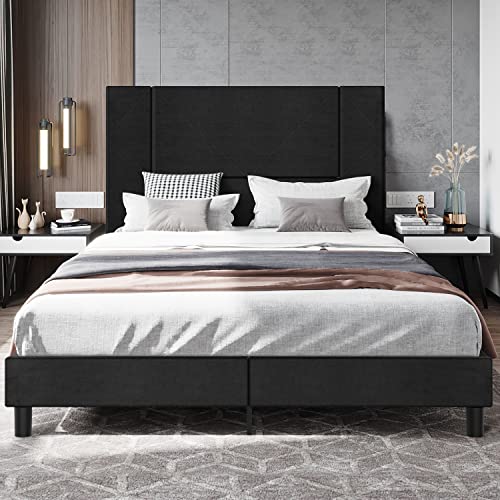 Flolinda Full Size Bed Frame, Upholstered Full Bed Frame with Tufted Velvet Headboard, Mattress Foundation, Strong Wood Slat Support Double Bed Frame, No Box Spring Needed, Easy Assembly