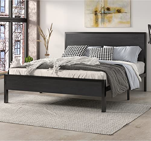 SHA CERLIN Full Bed Frame with Headboard, Heavy Duty Platform Bed with Under-Bed Storage, Solid Wood Slats & Metal Construction, No Box Spring Needed, Easy Assembly, Black Oak