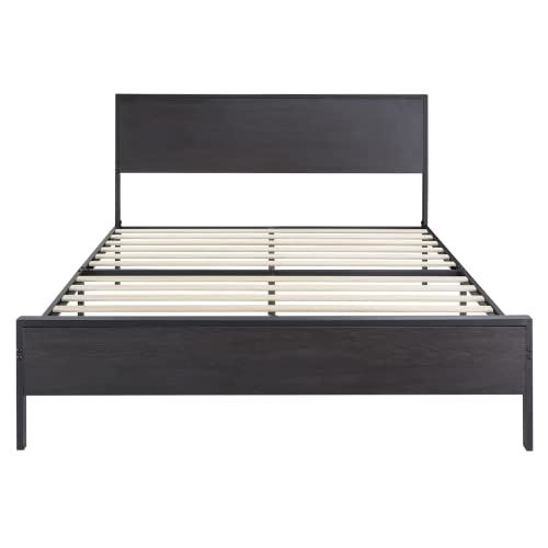 SHA CERLIN Full Bed Frame with Headboard, Heavy Duty Platform Bed with Under-Bed Storage, Solid Wood Slats & Metal Construction, No Box Spring Needed, Easy Assembly, Black Oak