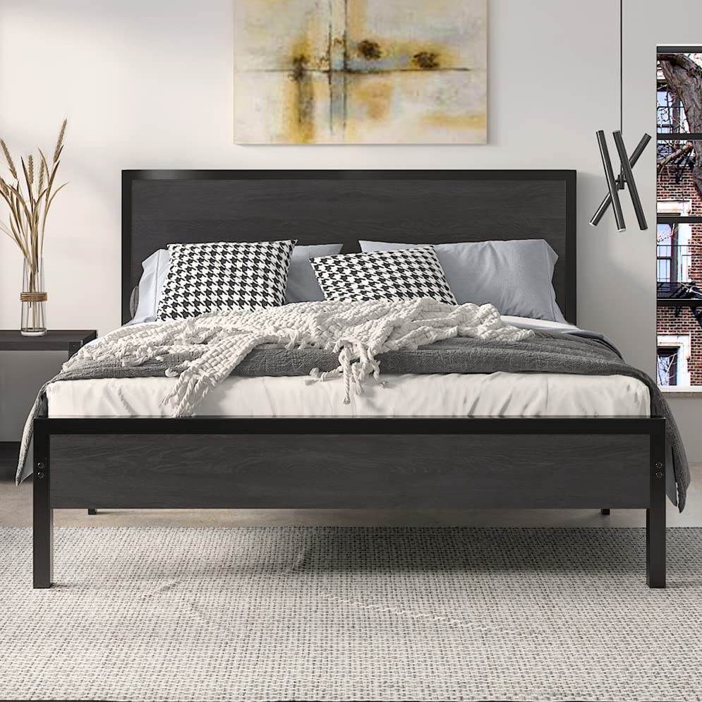 SHA CERLIN Full Bed Frame with Headboard, Heavy Duty Platform Bed with Under-Bed Storage, Solid Wood Slats & Metal Construction, No Box Spring Needed, Easy Assembly, Black Oak