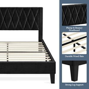 Yaheetech Queen Size Upholstered Bed Frame with Headboard and 2 USB Charging Stations/Ports for Type A & Type C, Velvet Platform Bed Frame with Mattress Foundation and Wood Slat Support, Black