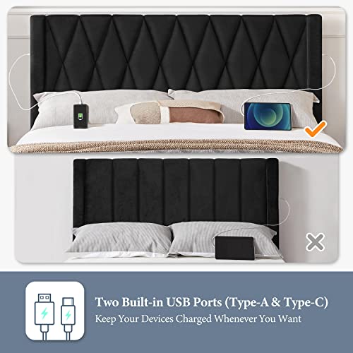 Yaheetech Queen Size Upholstered Bed Frame with Headboard and 2 USB Charging Stations/Ports for Type A & Type C, Velvet Platform Bed Frame with Mattress Foundation and Wood Slat Support, Black