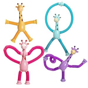 4 pcs telescopic suction cup giraffe toy, shape-changing giraffe telescopic tube cartoon puzzle suction cup sensory toys, novel stretch and decompress educational giraffe toys (4 pcs, with light)