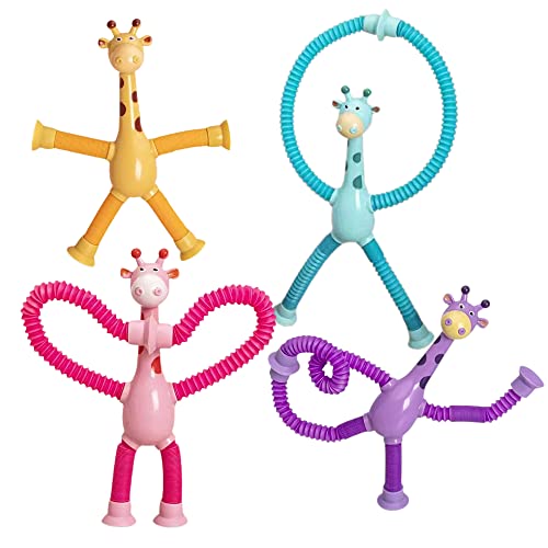 4 Pcs Telescopic Suction Cup Giraffe Toy, Shape-Changing Giraffe Telescopic Tube Cartoon Puzzle Suction Cup Sensory Toys, Novel Stretch and Decompress Educational Giraffe Toys (4 PCS, With light)