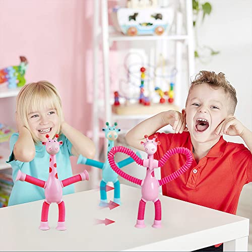 4 Pcs Telescopic Suction Cup Giraffe Toy, Shape-Changing Giraffe Telescopic Tube Cartoon Puzzle Suction Cup Sensory Toys, Novel Stretch and Decompress Educational Giraffe Toys (4 PCS, With light)