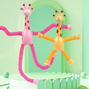 4 Pcs Telescopic Suction Cup Giraffe Toy, Shape-Changing Giraffe Telescopic Tube Cartoon Puzzle Suction Cup Sensory Toys, Novel Stretch and Decompress Educational Giraffe Toys (4 PCS, With light)