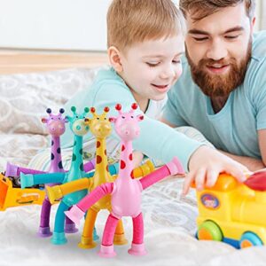 4 Pcs Telescopic Suction Cup Giraffe Toy, Shape-Changing Giraffe Telescopic Tube Cartoon Puzzle Suction Cup Sensory Toys, Novel Stretch and Decompress Educational Giraffe Toys (4 PCS, With light)