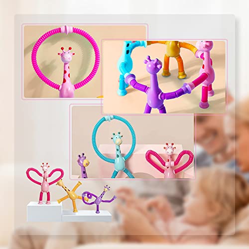 4 Pcs Telescopic Suction Cup Giraffe Toy, Shape-Changing Giraffe Telescopic Tube Cartoon Puzzle Suction Cup Sensory Toys, Novel Stretch and Decompress Educational Giraffe Toys (4 PCS, With light)