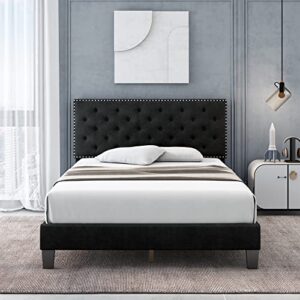 hostack queen size bed frame, modern upholstered platform bed with adjustable headboard, heavy duty button tufted bed frame with wood slat support, easy assembly, no box spring needed(black, queen)