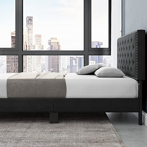 HOSTACK Queen Size Bed Frame, Modern Upholstered Platform Bed with Adjustable Headboard, Heavy Duty Button Tufted Bed Frame with Wood Slat Support, Easy Assembly, No Box Spring Needed(Black, Queen)