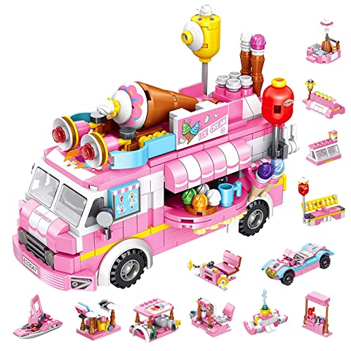 Ice Cream Truck Building Sets for Girls,12in1 Friends Ice Cream Truck Toys for Kids,Pink Food Truck Toy Building Blocks,STEM Educational Toy for Children's Day Gift,Birthday Gifts for Girls Age 6-12 +