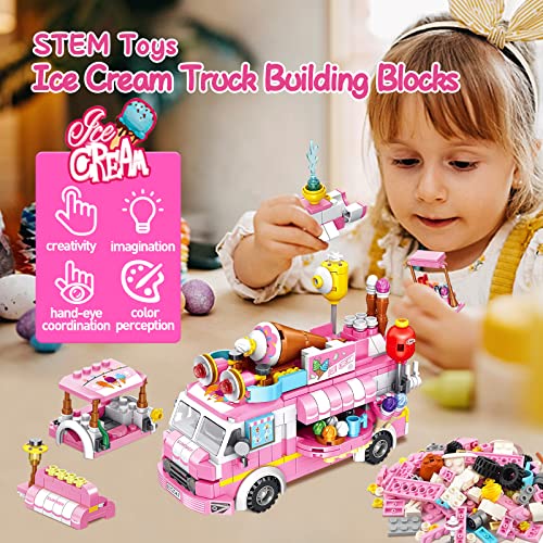 Ice Cream Truck Building Sets for Girls,12in1 Friends Ice Cream Truck Toys for Kids,Pink Food Truck Toy Building Blocks,STEM Educational Toy for Children's Day Gift,Birthday Gifts for Girls Age 6-12 +