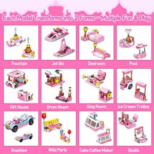 Ice Cream Truck Building Sets for Girls,12in1 Friends Ice Cream Truck Toys for Kids,Pink Food Truck Toy Building Blocks,STEM Educational Toy for Children's Day Gift,Birthday Gifts for Girls Age 6-12 +