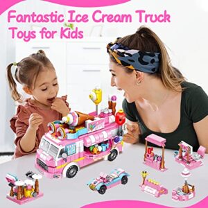 Ice Cream Truck Building Sets for Girls,12in1 Friends Ice Cream Truck Toys for Kids,Pink Food Truck Toy Building Blocks,STEM Educational Toy for Children's Day Gift,Birthday Gifts for Girls Age 6-12 +