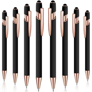 8 pieces ballpoint pen with stylus tip black ink 2 in 1 stylus metal 1.0 mm medium point smooth pen rainbow colorful rubberized ballpoint pen for touch screen tablet (rose gold, black)