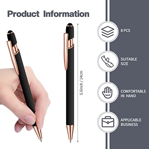 8 Pieces Ballpoint Pen with Stylus Tip Black Ink 2 in 1 Stylus Metal 1.0 mm Medium Point Smooth Pen Rainbow Colorful Rubberized Ballpoint Pen for Touch Screen Tablet (Rose Gold, Black)