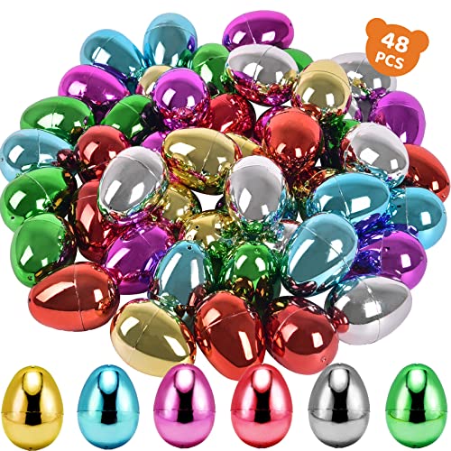 FUN LITTLE TOYS 48PCS Plastic Easter Eggs Metallic Easter Eggs for Candy Treats, Basket Stuffers Filler Perfect for Easter Egg Hunt, Easter Theme Party Favor Suprise Egg