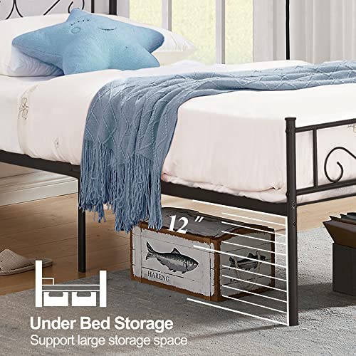 VECELO Twin Bed Frame with Headboard and Footboard, Strong Metal Slat Support & 12'' Underbed Storage Space, No Box Spring Needed, Black