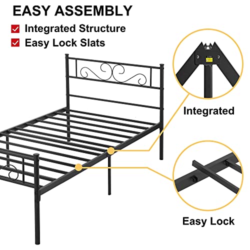 VECELO Twin Bed Frame with Headboard and Footboard, Strong Metal Slat Support & 12'' Underbed Storage Space, No Box Spring Needed, Black