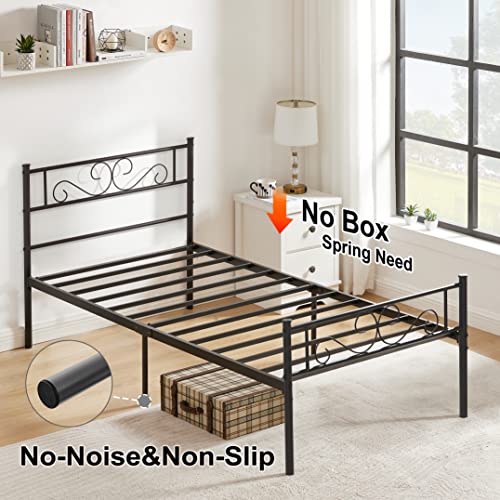 VECELO Twin Bed Frame with Headboard and Footboard, Strong Metal Slat Support & 12'' Underbed Storage Space, No Box Spring Needed, Black