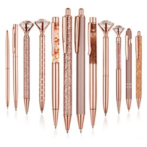 12 Pcs Rose Gold Pretty Pens Set, Super Cute Liquid Sand Glitter Pen Metal Ballpoint Pens Crystal Diamond Pen Girly Black Ink Gifts for Women Mother Daughter Birthday Wedding Office Supplies (12)