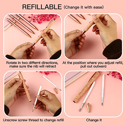 12 Pcs Rose Gold Pretty Pens Set, Super Cute Liquid Sand Glitter Pen Metal Ballpoint Pens Crystal Diamond Pen Girly Black Ink Gifts for Women Mother Daughter Birthday Wedding Office Supplies (12)