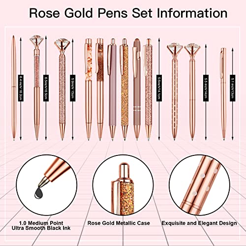 12 Pcs Rose Gold Pretty Pens Set, Super Cute Liquid Sand Glitter Pen Metal Ballpoint Pens Crystal Diamond Pen Girly Black Ink Gifts for Women Mother Daughter Birthday Wedding Office Supplies (12)