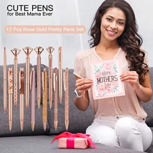 12 Pcs Rose Gold Pretty Pens Set, Super Cute Liquid Sand Glitter Pen Metal Ballpoint Pens Crystal Diamond Pen Girly Black Ink Gifts for Women Mother Daughter Birthday Wedding Office Supplies (12)