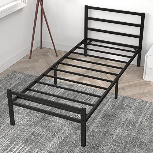 Mr IRONSTONE Twin Size Bed Frame with Headboard Platform Bed with Storage no Box Spring Needed Assembly Mattress Foundation，Black