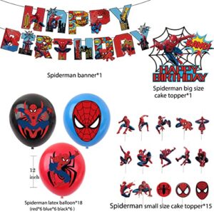 43PCS Spider Birthday Decorations - Spider Theme Party Supplies for Kids Boys with Happy Birthday Banner, Cake Topper, 24 Latex Balloons, 15 Cupcake Toppers