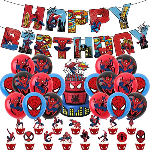 43PCS Spider Birthday Decorations - Spider Theme Party Supplies for Kids Boys with Happy Birthday Banner, Cake Topper, 24 Latex Balloons, 15 Cupcake Toppers